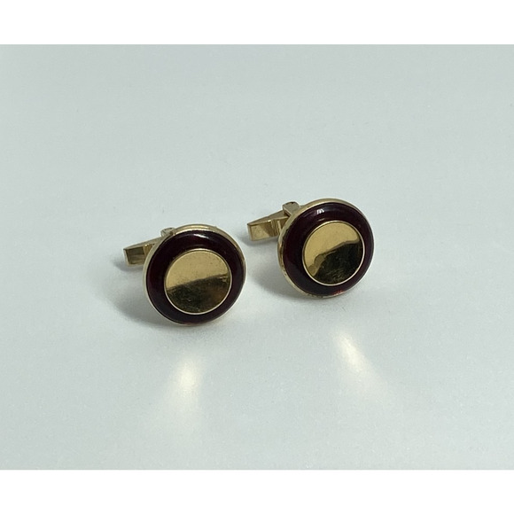 Vintage Krementz Gold Tone Red Enamel Circle Cufflinks Classic Mens Jewelry Gift - Picture 1 of 10